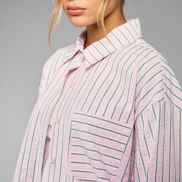 Pink Casual Women's Striped Loungewear Button down top & shorts Coord set - Picture 3 of 6